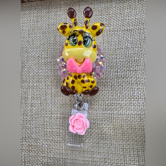 Handmade Accessories - Cute Giraffe Badge Reel with Pink Bow and Rose